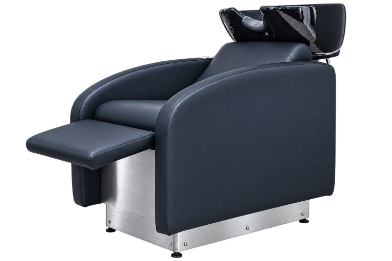 Le LIBI LIFT noir, repose-jambes déployé, sur son socle en inox brossé.