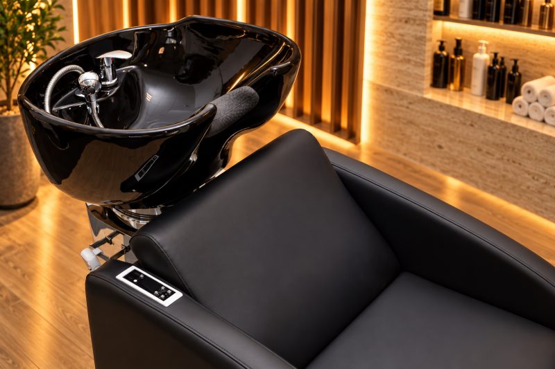 LIBI LIFT au premier plan dans un salon, étagères de produits et serviettes roulées en fond.