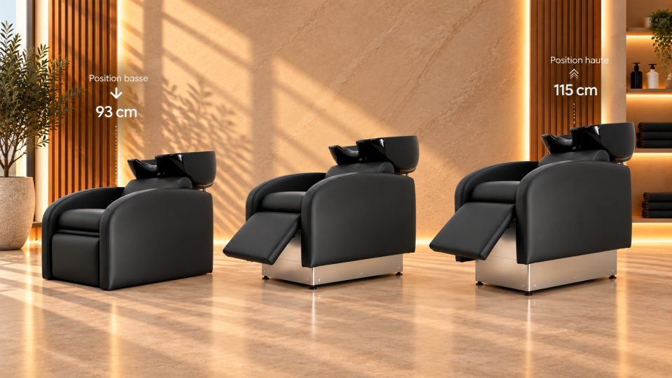 Trois bacs LIBI LIFT alignés dans un salon, du plus bas au plus haut : position basse à 93 cm, position haute à 115 cm.